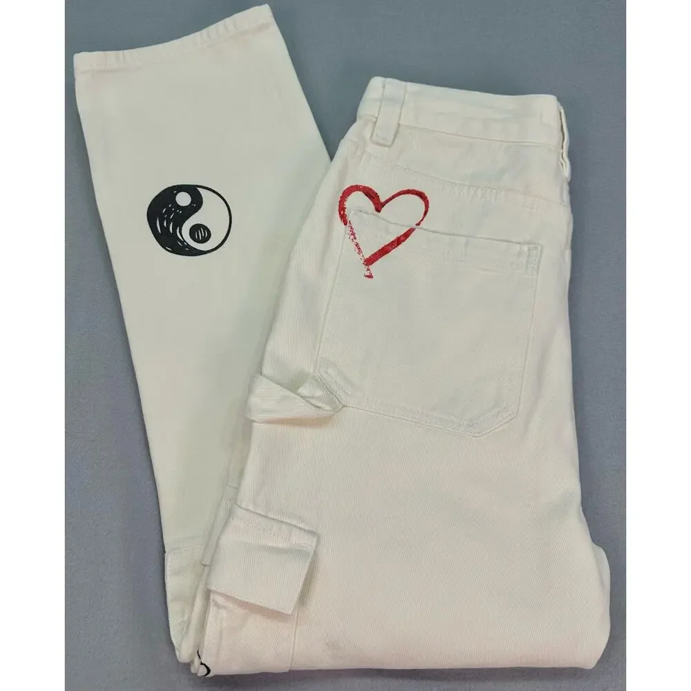 PacSun Sketchbook High Rise Carpenter Cargo Jeans Cream Graphic Doodle Size 27 - Picture 8 of 12